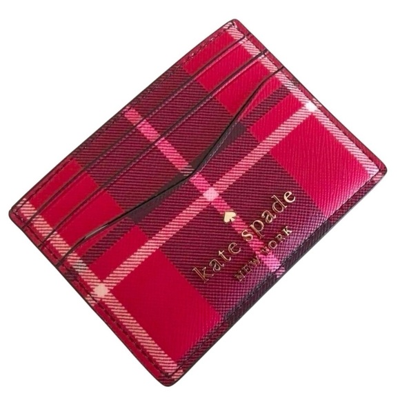 KATE SPADE NY Staci Ditsy Buds Floral Small Slim Cardholder in Bright Rose Plaid - Picture 1 of 8